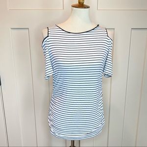 White House Black Market White Black Striped Cold-Shoulder Top